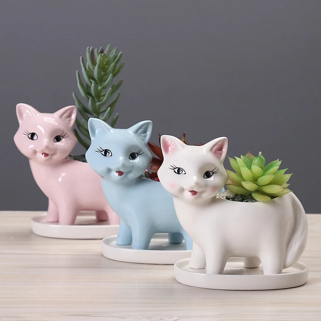 Criativo bonito cerâmica gato cauda flor pote, simples desenho animado  animal, cacto suculento, personalidade - AliExpress