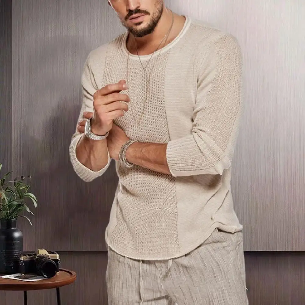 

Solid Color Pullover Tops Stylish Men's Winter Knit Sweater O-neck Long Sleeve Hollow Out Stitching Pullover Tops for Autumn