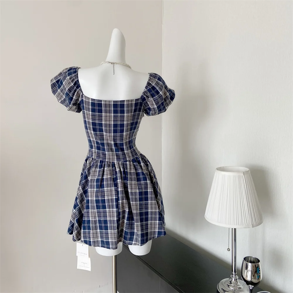 Y2K Plaid Short Dresses for Women Princess Birthday Party Dress Puff Sleeve Square Collar Bow Prom Summer Mini Vestidos Mujer