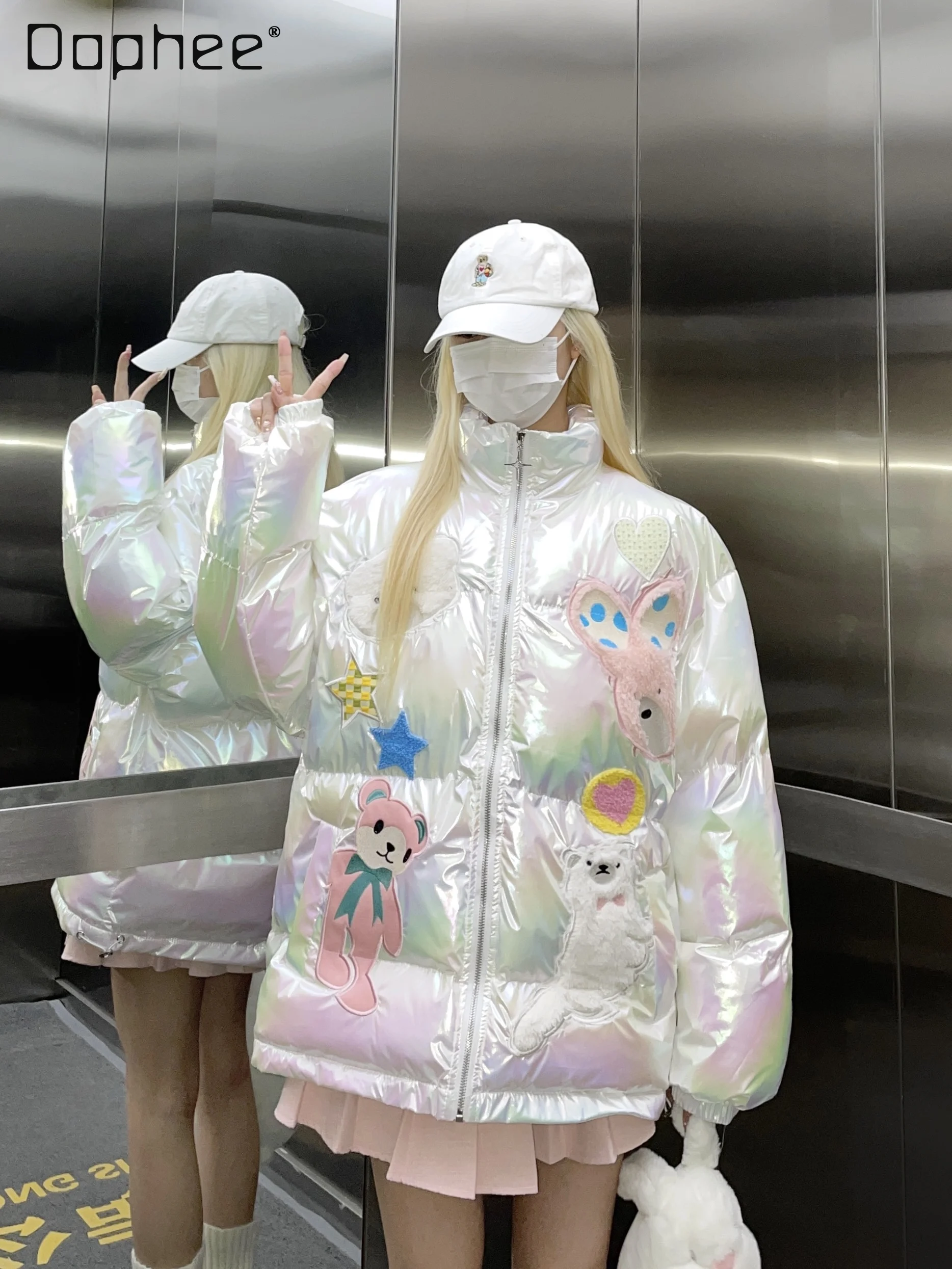 

Cartoon Bear Paste Cloth Embroidery Shiny Cotton Coat Female Winter Thickening Stand Collar Cotton Coat Jacket Kawaii Clothes