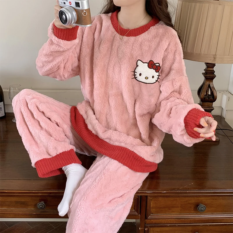 

Kawaii Sanrios Hello Kitty Coral Velvet Pajamas Cartoon Kt Cat Winter Leisure Thickening Plush Sleepwear Cute Household Clothes
