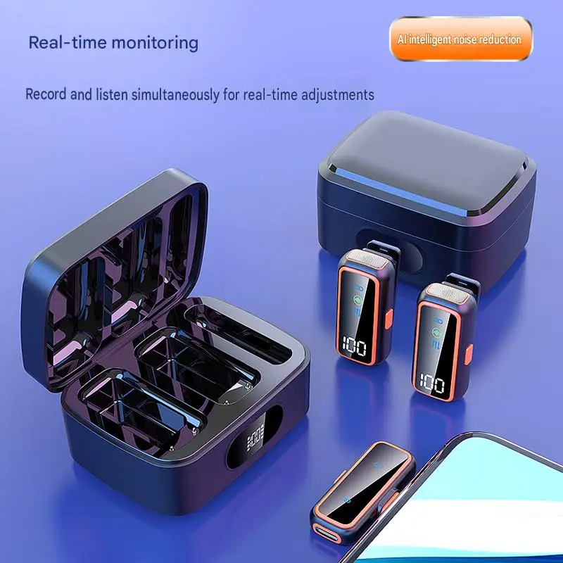 2.4G 무선 라발리에 마이크 AI 노이즈 캔슬링 음성 변조기 듀얼 LED 디스플레이 충전 케이스 딥 보이스 여성 음성