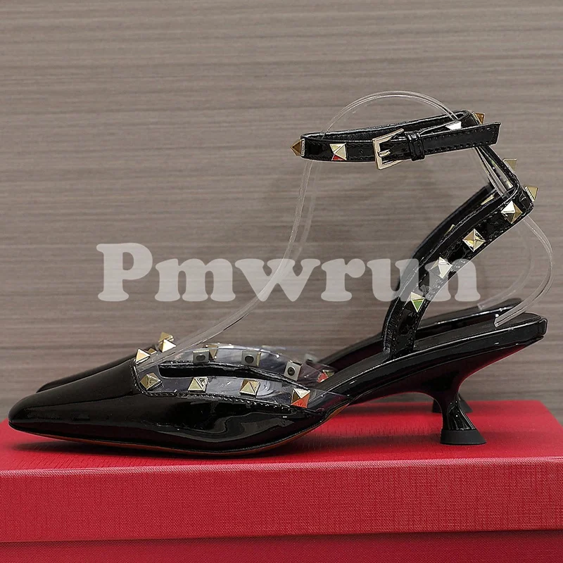

Lady Sandal Summer 2023 New Genuine Leather Upper Rivet Decor Square Head Toe Wrapping Sandal Fashion Versatile High Heel Shoes