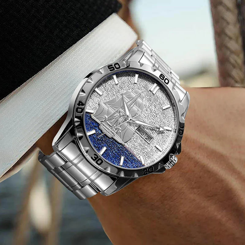 GLENAW Three Dimensional Sailing Dial Design Luxury Automatic Mechanical Watches Luminous waterproof Stainless Steel Strap Watch 3