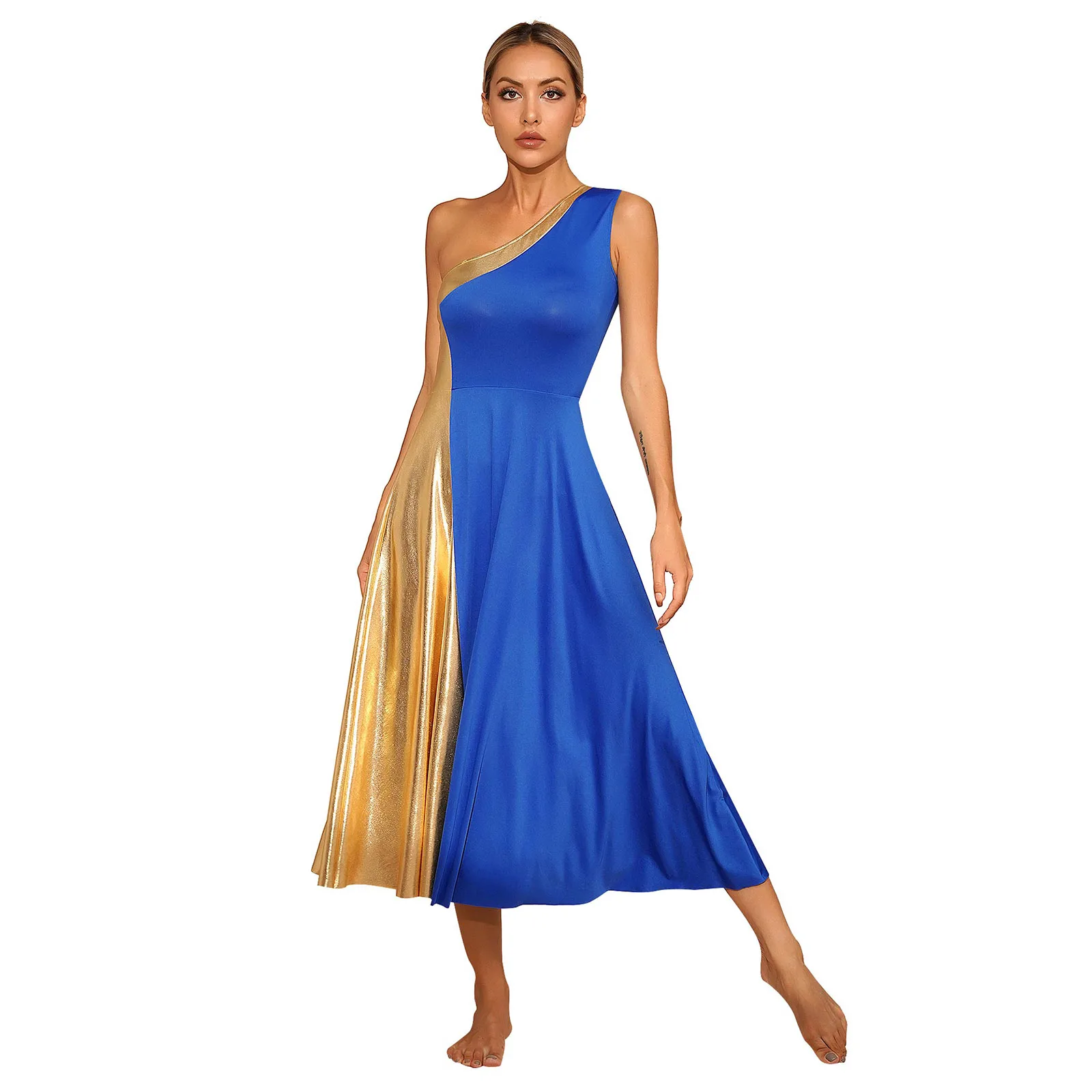 Womens Dance Dresses Praise Dance Stage Performance Costume Metallic Color Block Patchwork One Shoulder Sleeveless Long Dress