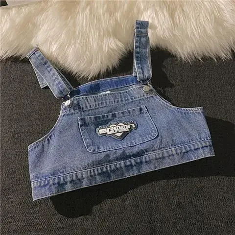 thumbnail image 1 of Conjuntos de dos piezas de mezclilla de verano para mujer, conjuntos de diseño con tirantes, blusas cortas sin mangas y jeans holgados de pierna ancha, conjuntos de 2 piezas de ropa de calle, 1 of 5