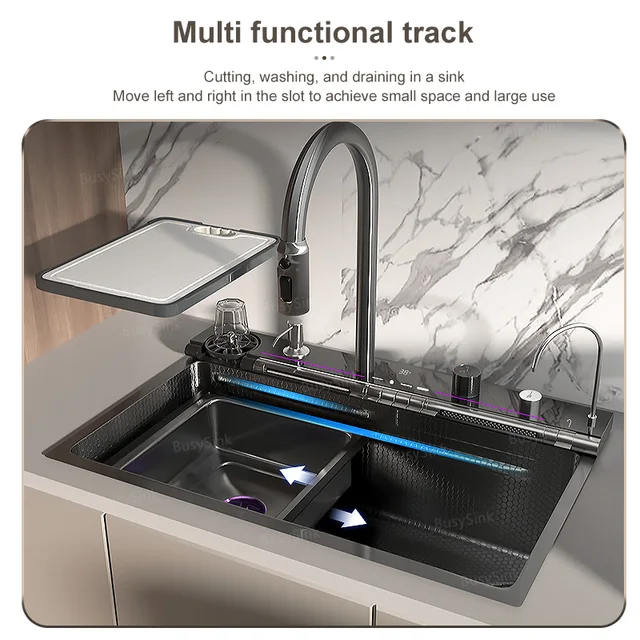 MultiFunction Waterfall Wash Vegetables Basin Stainless Steel Large Single Slot With Smart Digital Display Faucet Kitchen Sink 2