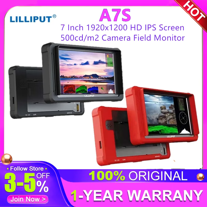 LILLIPUT A7S 7 Inch 1920x1200 HD IPS Screen 500cd/m2 Camera Field Monitor 4K HD-MI Input Output Video Assist for DSLR Mirrorless