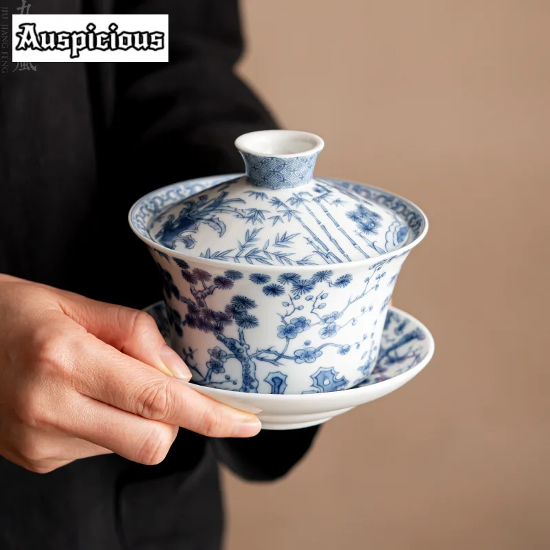 300ml Antique Blue and White Gaiwan Retro Dargon Cup Saucer Tea Tureen Chinese Tea Maker Cover Bowl Services Supplies Craft