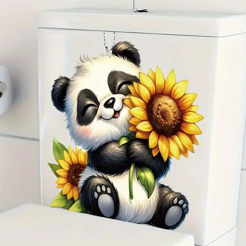 Cute Panda Sunflower Toilet Lid Decal PVC Self-Adhesive Waterproof Bathroom Sticker