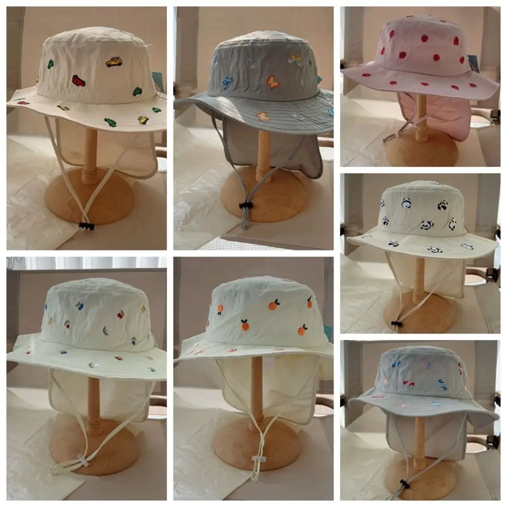 Cartoon Embroidery Children Panama Cap Quick-dry Sunscreen Kids Bucket Hat Neck Protection Wide Brim Summer Fisherman Hat Girls