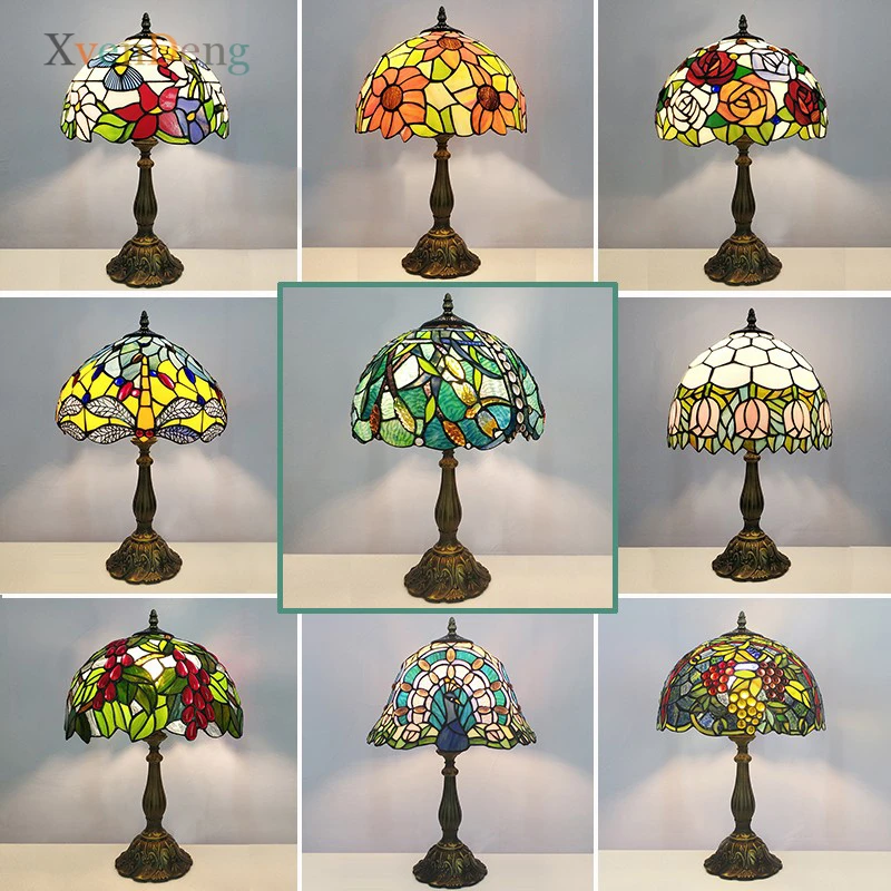 

Tiffany Stained Glass Table Lamps for Bedroom Bedside Dining Room Living Room Decor Mediterranean Resin LED Stand Light Fixtures