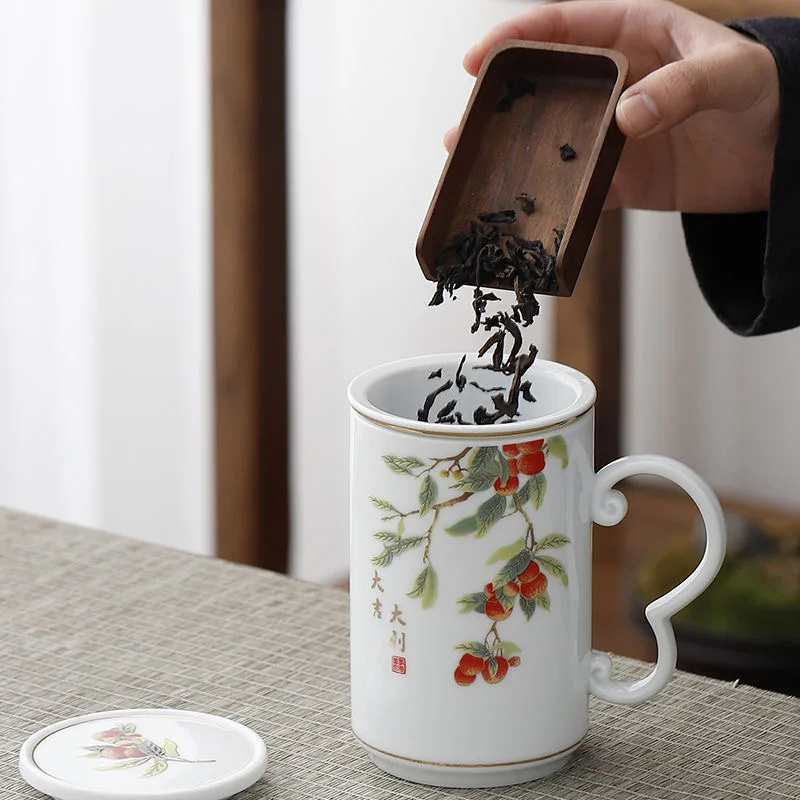 Hand-painted Landscape Pattern Series Tea Water Separating Ceramic Office goat fat Jade Porcelain Belt Cover Filter Mug, Tea Cup
