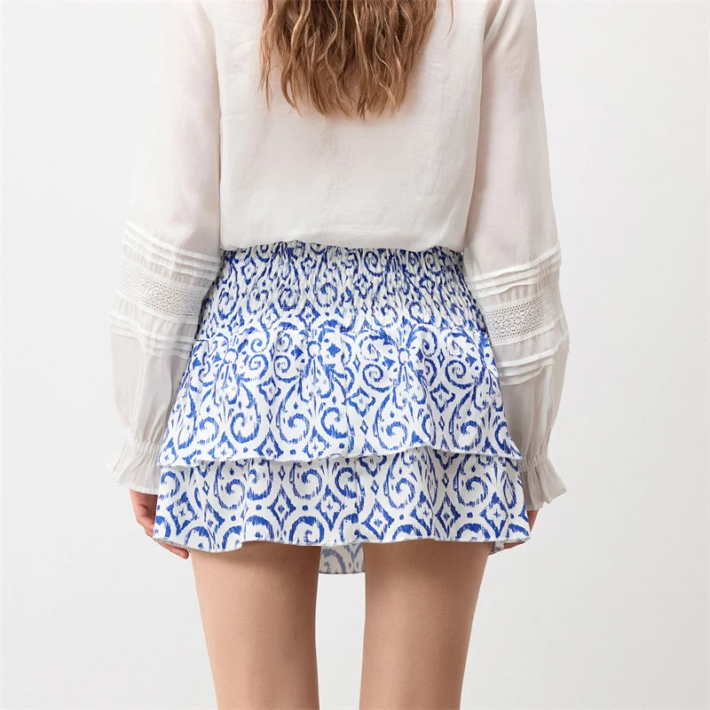 Minifalda de verano para mujer, con estampado floral, elástica, de cintura alta, con volantes escalonados, faldas cortas de corte A, faldas para salir, ropa de calle