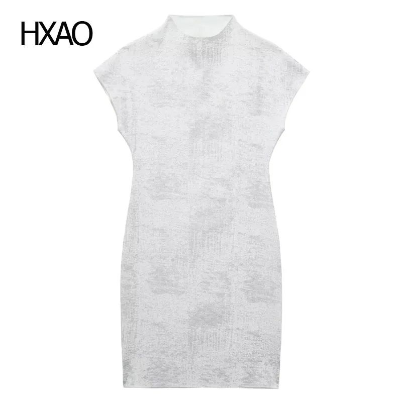 

HXAO металлические вязаные платья для женщин, серебристо-белое мини-платье, сексуальные короткие платья, женское платье, повседневные платья, вязаное цельное платье