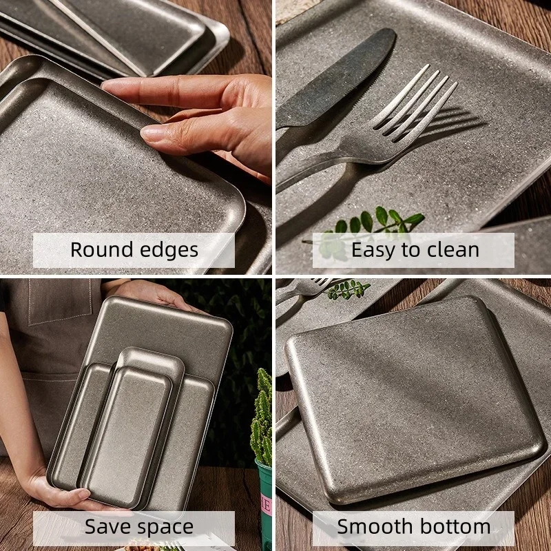 Vintage 304 Stainless Steel Snowflake Silver Square Tray Round Edge Dinner Plate Dessert Grill Tray Steak Plate Decorative dining dish