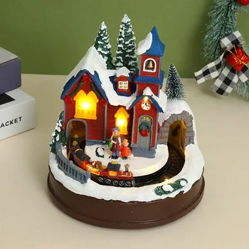 New Christmas Electric Train Set - Musical Glowing Resin Craft with House Decor for Holiday Tabletop Gift