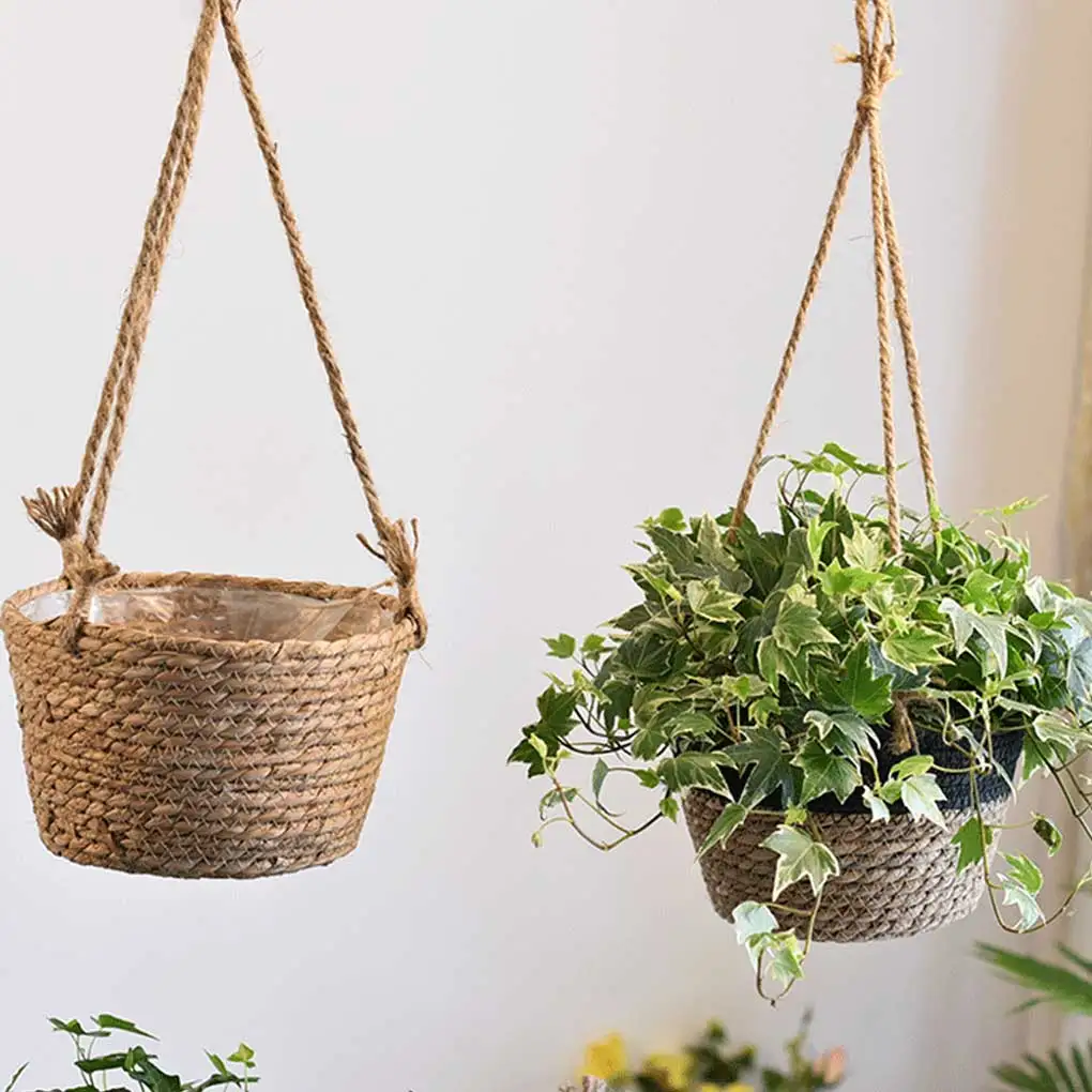 

Hanging Planter Straw Woven Office Garden Yard Porch Balcony Succulents Storage Basket Pot Plant Holder Natural Color