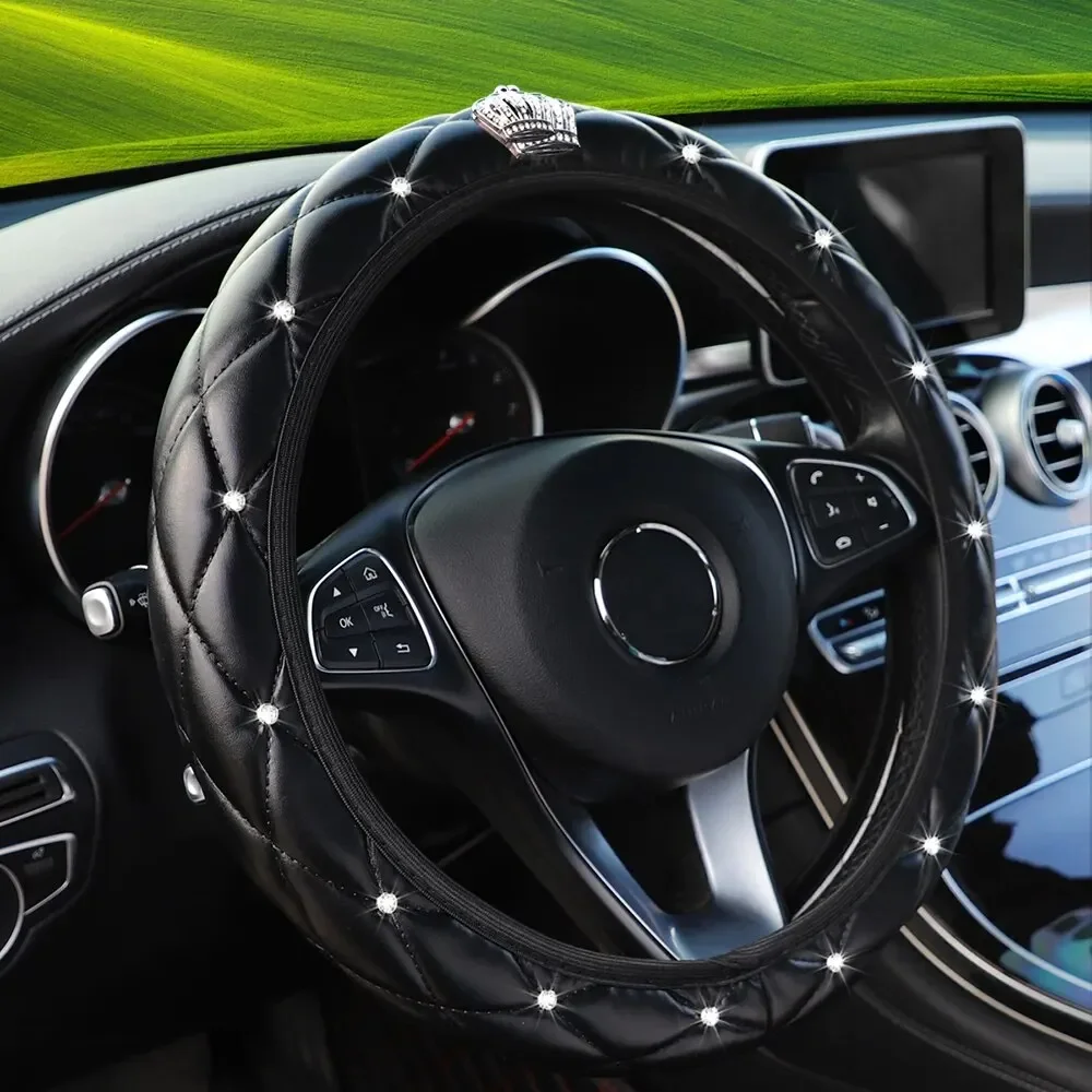 Steering Wheel Cover Universal Car Steering Wheel Cover 37-38cm PU Leather Diamond-encrusted Crown Steering Wheel Cover Four Seasons Car Accessories