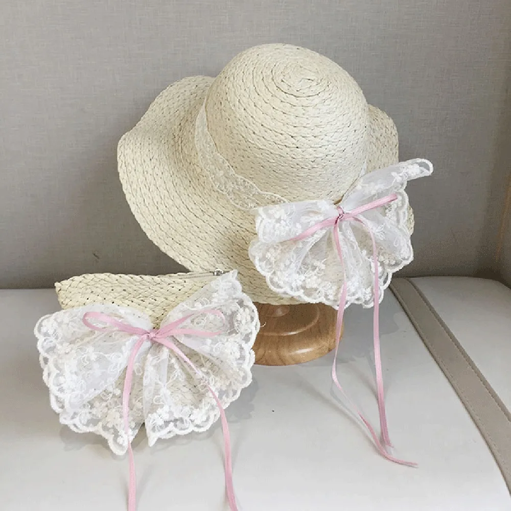 Soft Sweet Bowknot Straw Sun Hat Ribbon Lace Brim Girls Bucket Hat Korean Style Breathable Woven Handbag Girls