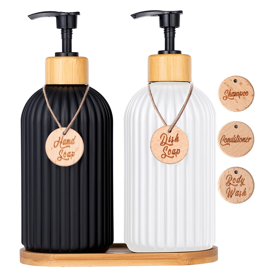Soap Dispenser Shampoo Dispenser Refillable Bottle Soap Dispenser Bottle Strip Soap Dispenser Bamboo Pump Refillable Shampoo Conditioner Hands and Dishes Soap Dispenser Kitchen Bathroom
