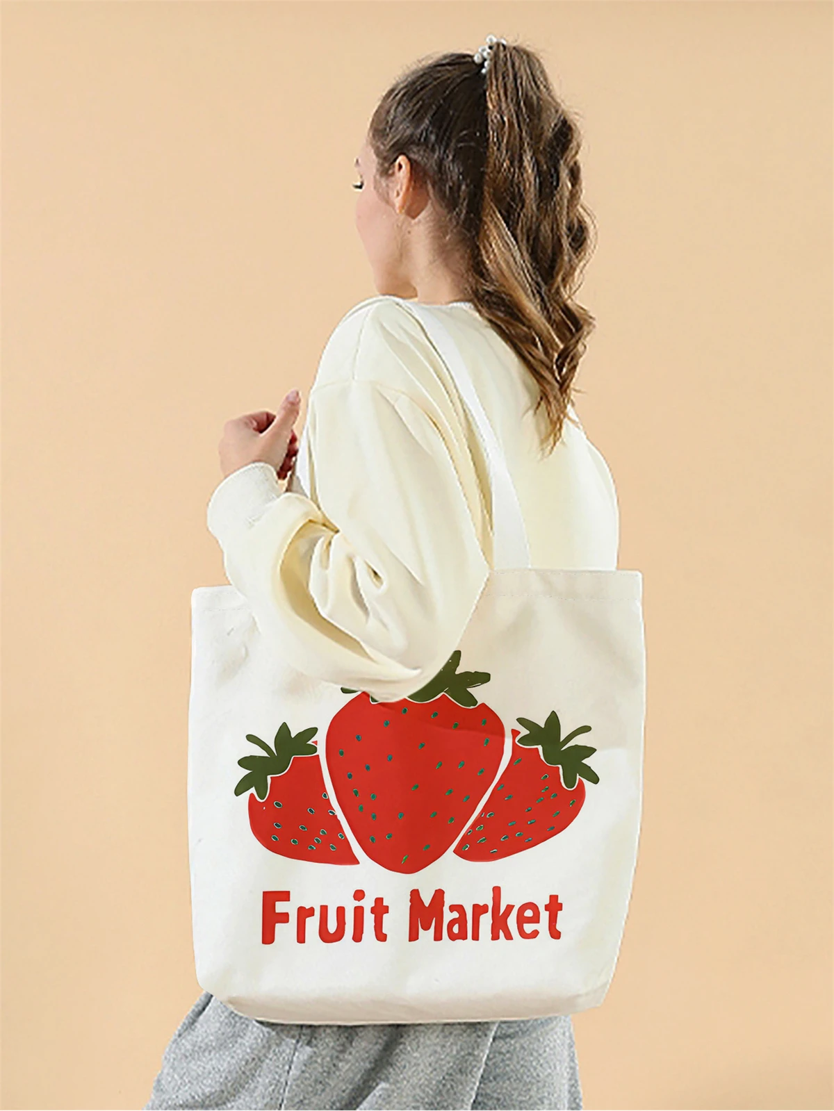 1pc,cartoon strawberry handbag, reusable fashionable handbag, multifunctional handbag, printed canvas shopping bag