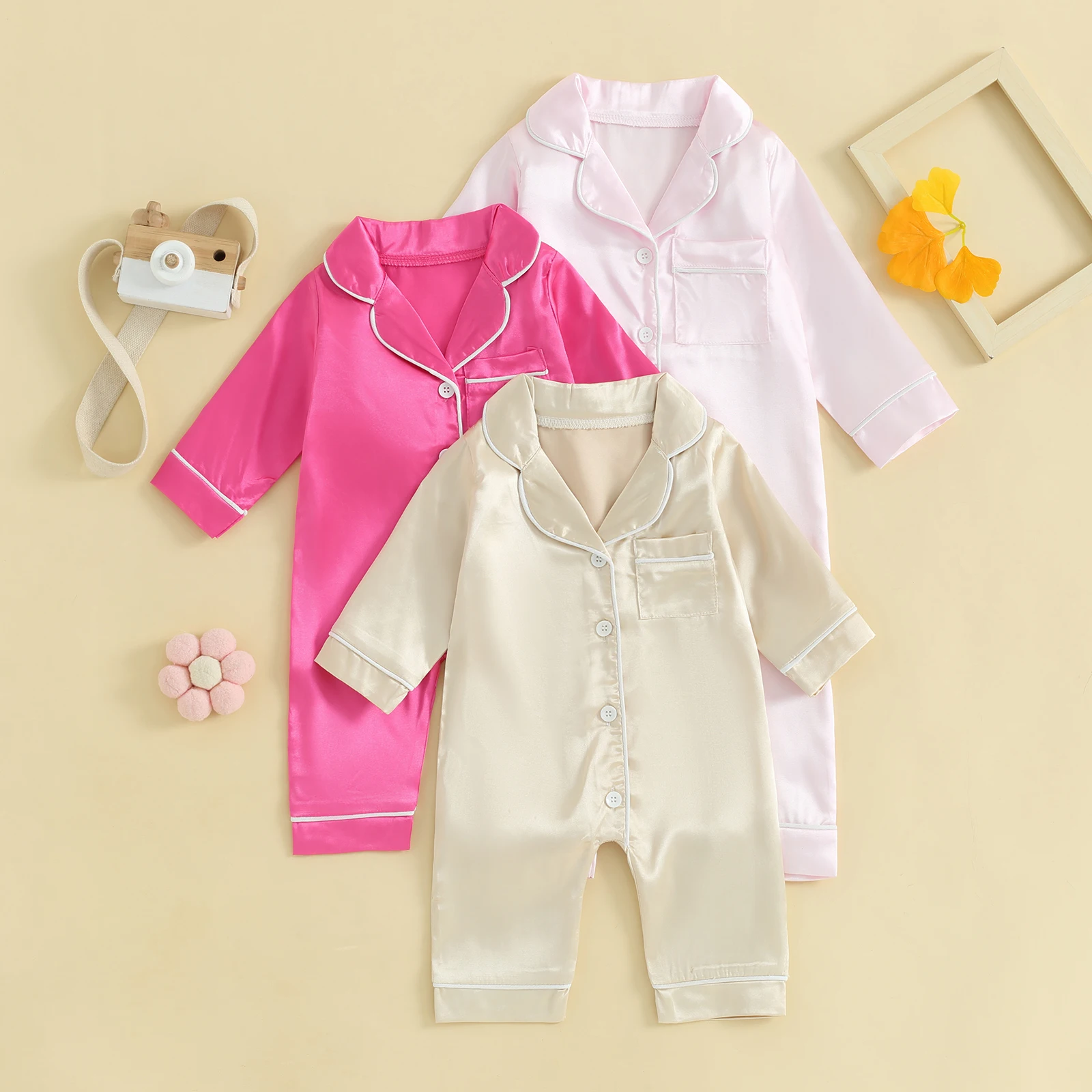 Newborn Baby Sleepwear Silk Satin Baby Girls Boys Jumpsuit Pajamas Solid Color Button Long Sleeves Kids Rompers for Toddler Infant Loungewear Sleepwear