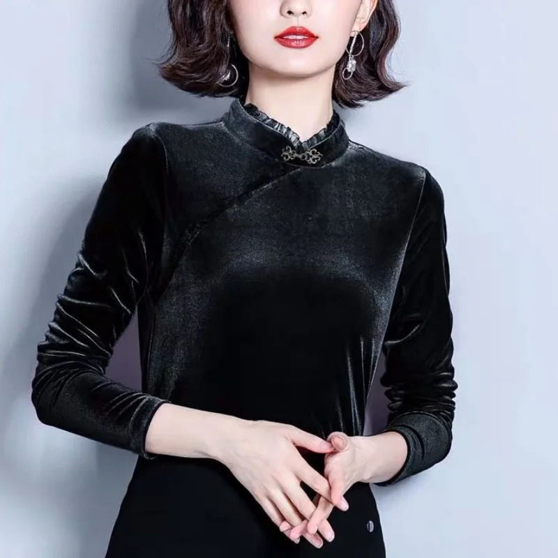 

Women Autumn Winter New Round Neck Pullover Bottom Shirt Fashion Retro T-shirt All-match Solid Ruffle Edge Long Sleeves Tops