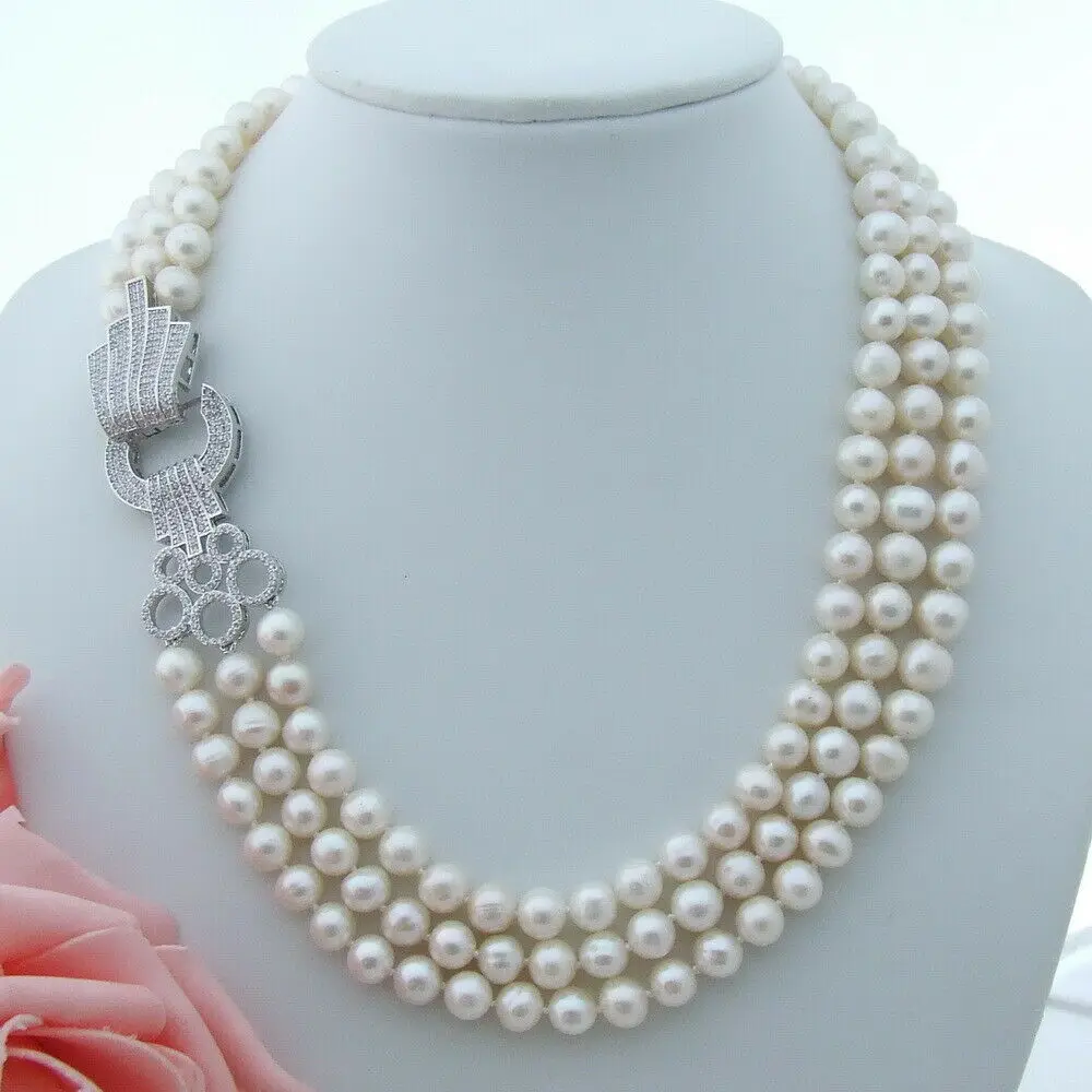 

Handmade 3 strands 8-9 mm white freshwater pearl micro inlay zircon accessories clasp sweater necklace long 43-48cm