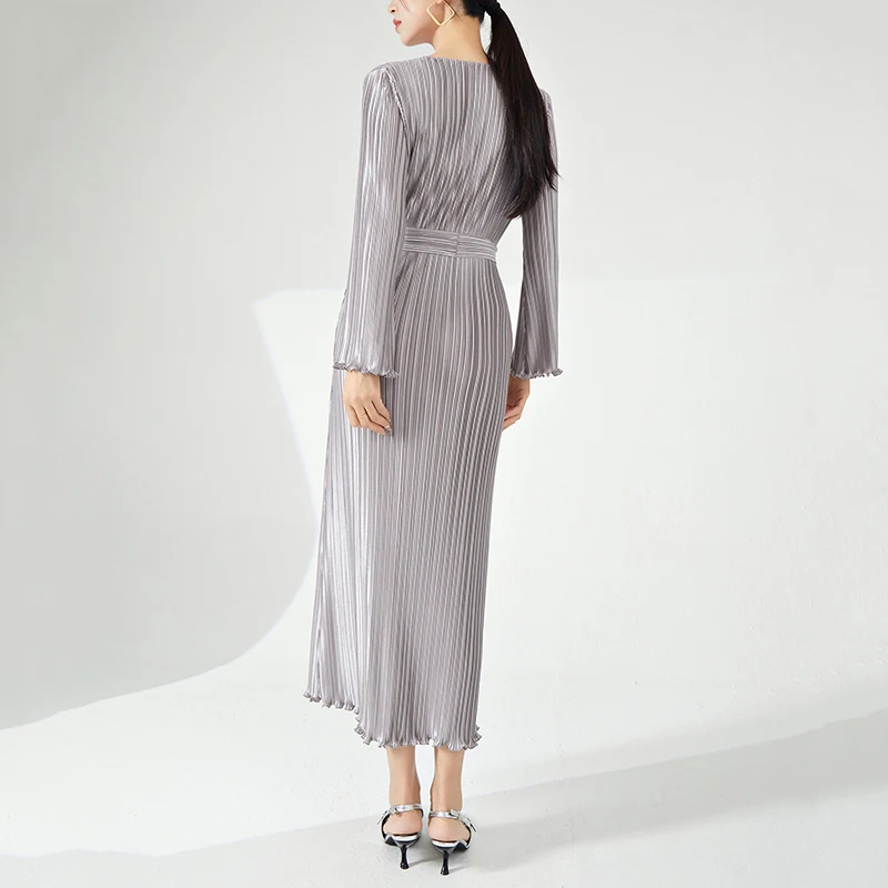LANMREM Stringy Selvedge Pleated Dress Women's O-neck Long Sleeve Tie Design Gathered Waist Famale Clothing Autumn New 2Z2390 - Image 5