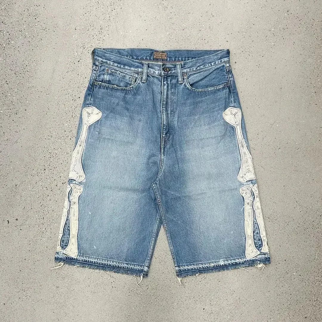 Fashion Y2K Street Clothing Bone Embroidered Women Denim Shorts Loose Casual Harajuku Men and Women Straight Tube Pants