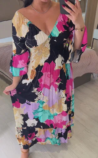 Summer New Women\'s Floral Fashion Long Sleeve Chic Long Dress Elastic Waist Slim Dress Feminine Elegant Midi Dress