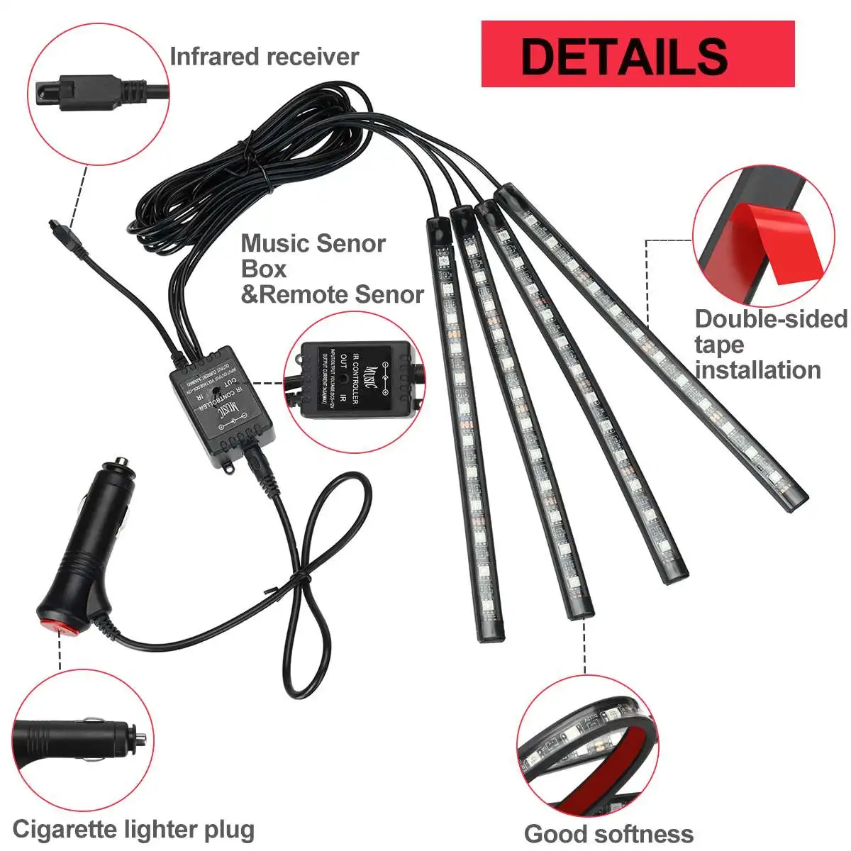 자동 주변 조명 48 LED 스트립, 자동차 발 실내 장식, RGB 조명, 원격 제어 분위기 램프, 자동차 액세서리