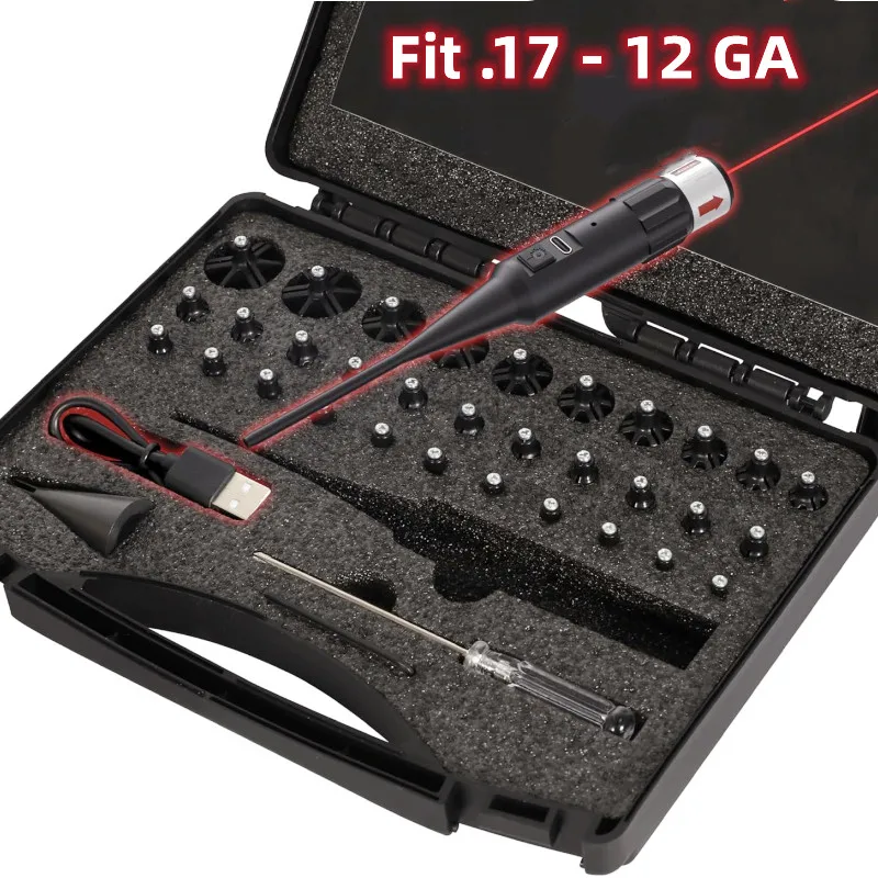 32 Adapters Rechargeable Universal Red Green Laser Bore Sight Kit .177 .22 to 12GA Laser Collimator Boresighter