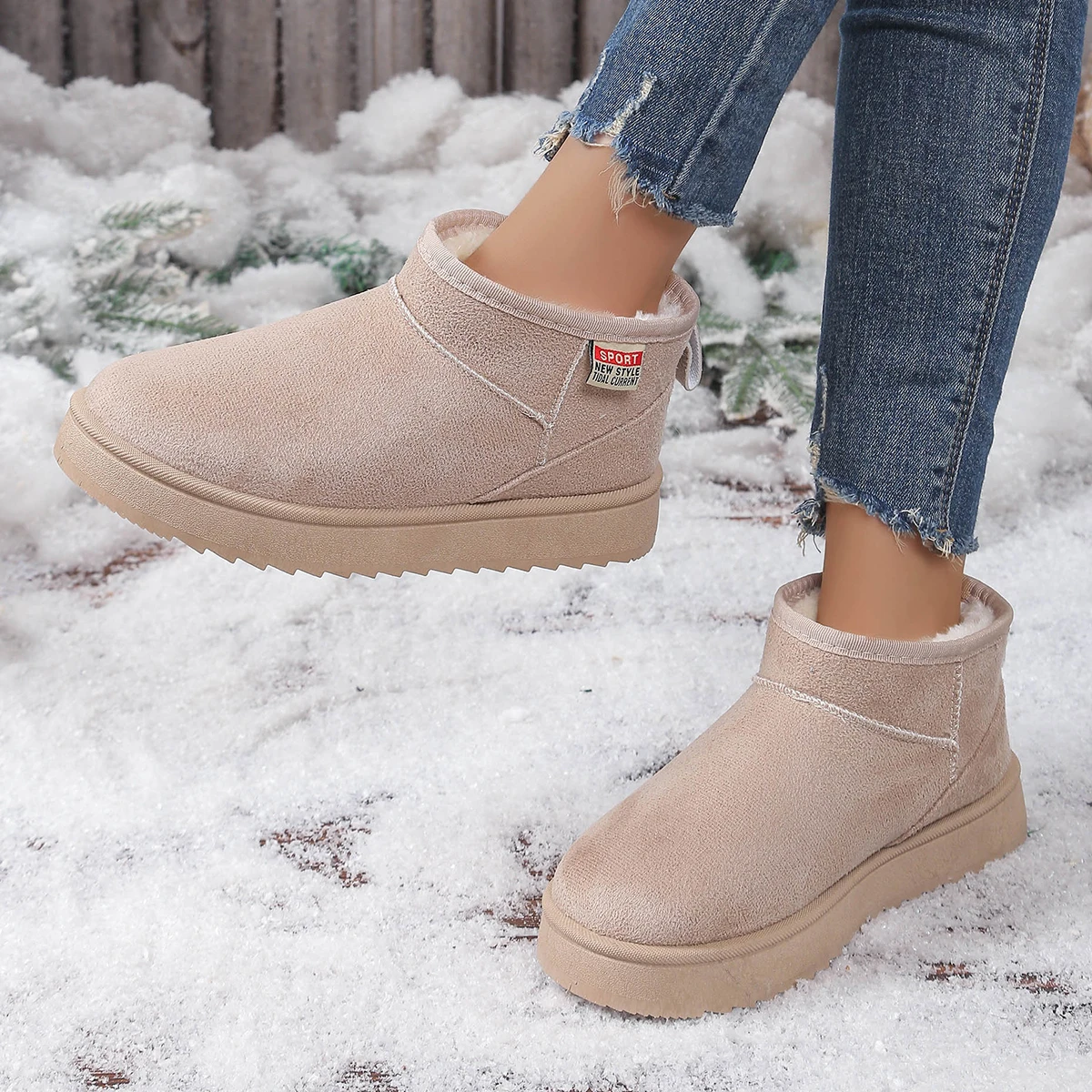 Women's Solid Color Thick Plush Snow Boots Comfortable Warm Flat Ankle Boots Woman Winter Casual Slip On Cotton Shoes Plus Size