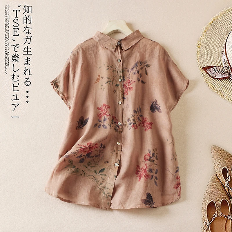 2024 Summer Fashion Print Short Sleeve Loose Casual Beach Holiday Blouse Shirts Women Vintage Ladies Cute Tops