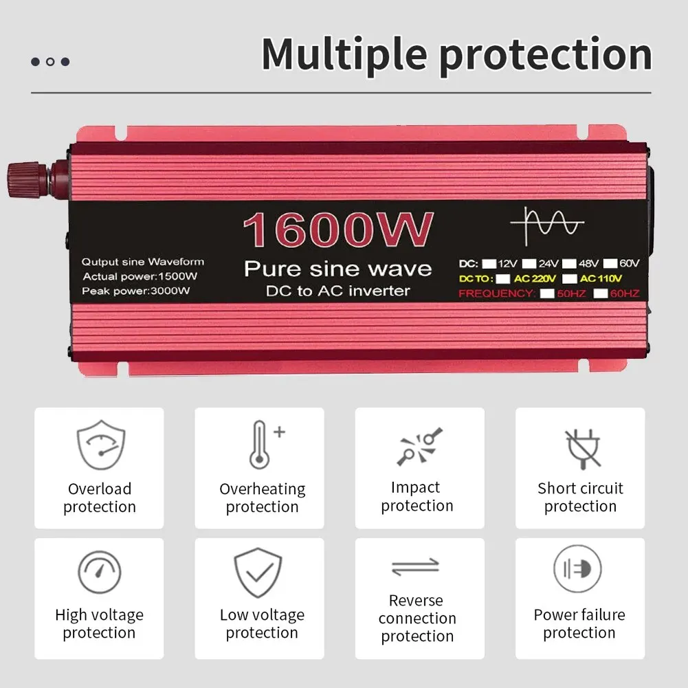 Pure Sine Wave Solar Inverter DC 12V/24V To AC 110V/220V 1000W 1600W 2000W 2200W Portable Power Bank Converter