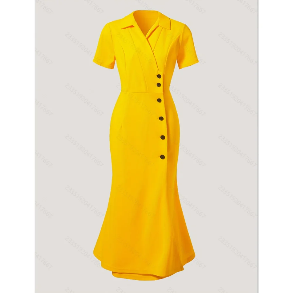 Elegant Solid Color Short Sleeve Button-Up Neck Midi Dress Casual Slimming Women's Dress Waist-Cinching Slimming 5