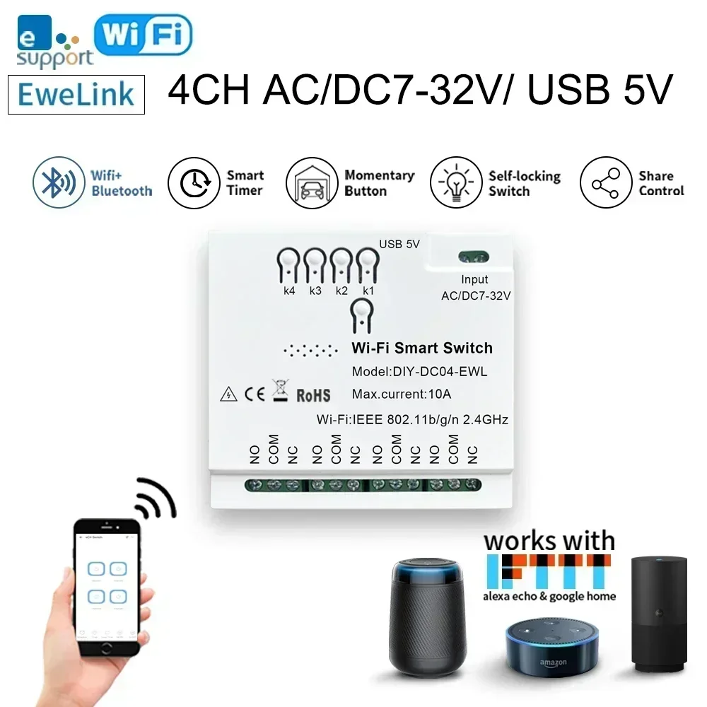 Ewelink-Módulo de Motor de cortina de puerta de garaje, interruptor inteligente de luz de calentador de agua, 4 canales, R3 Pro, Wifi, RFBL, 85-265V, Alexa Google Home