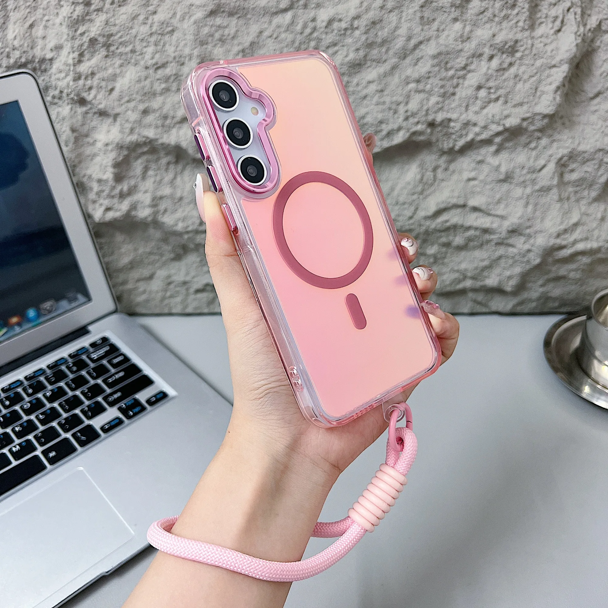 Fashion Laser Gradient Magnetic Lanyard Shockproof Phone Case with Magsafe Compatibility