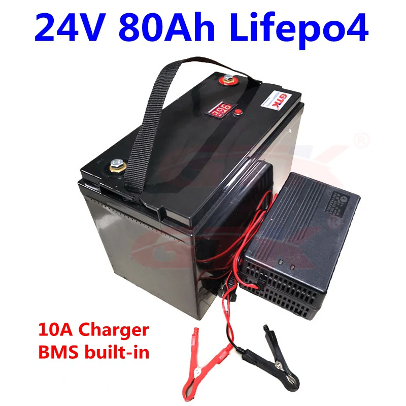 Lifepo4リチウム電池,24v,80ah,10a充電器,インバーター 