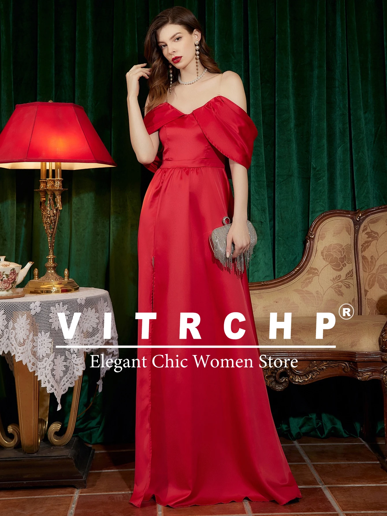 Satin Prom Dresses Women Off The Shoulder Evening Party Gown Side Slit Long Dress Evening dresses