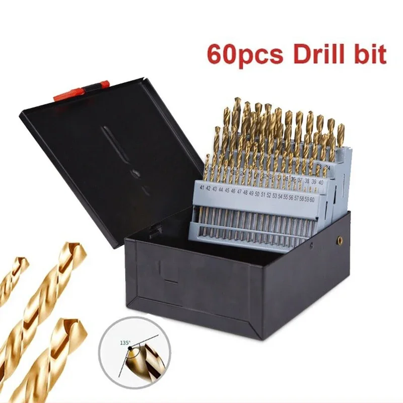 60Pcs 135° High Speed Steel Heavy-Duty Jobber Length Drill 1- #60 Size Power Tool Accessories Twist Drill Bit Metal Wood Working