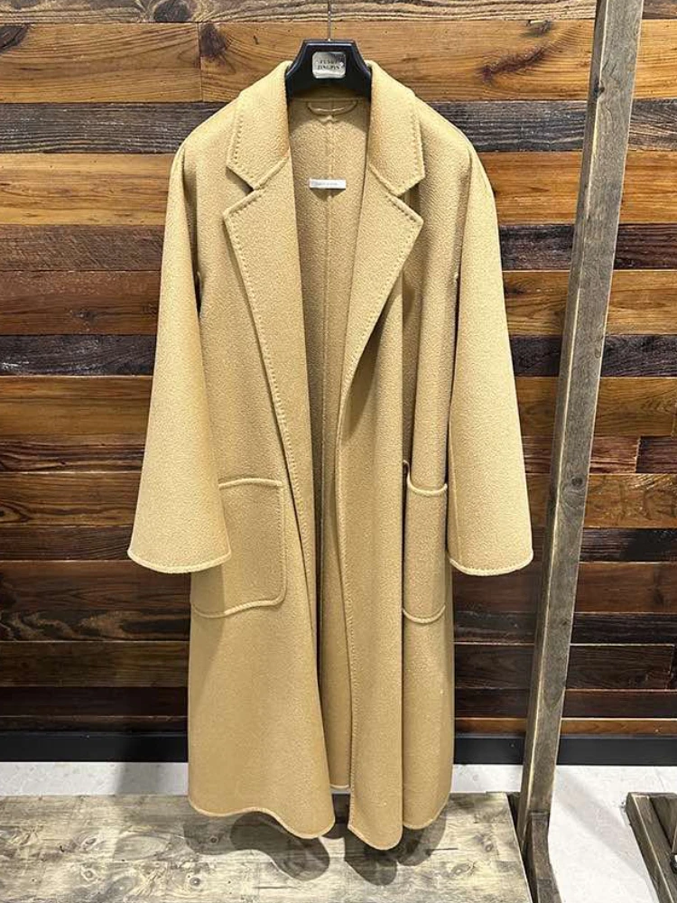 

2023 Camel Color New Double-sided Water Ripple Cashmere Wool Coat Women Mid-length Warm Loose Lace-up Lapel Pocket Woolen Coat W