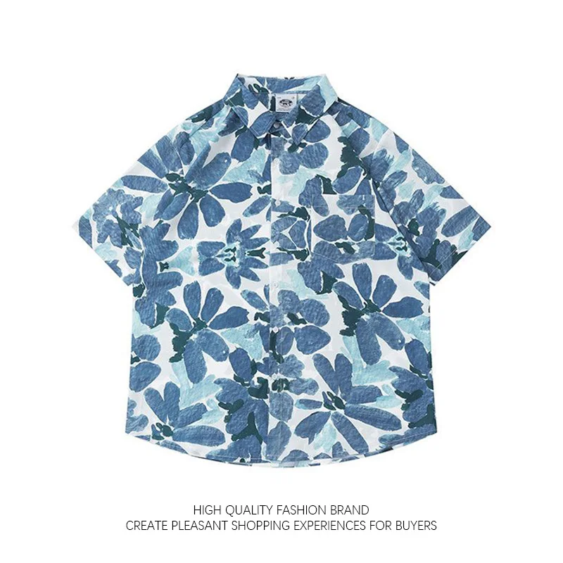 

Men Women Retro Oil Painting Blouse Full Print Floral Short Sleeved Shirt for Unisex Summer Couple Vocation Shirt Button Jacket