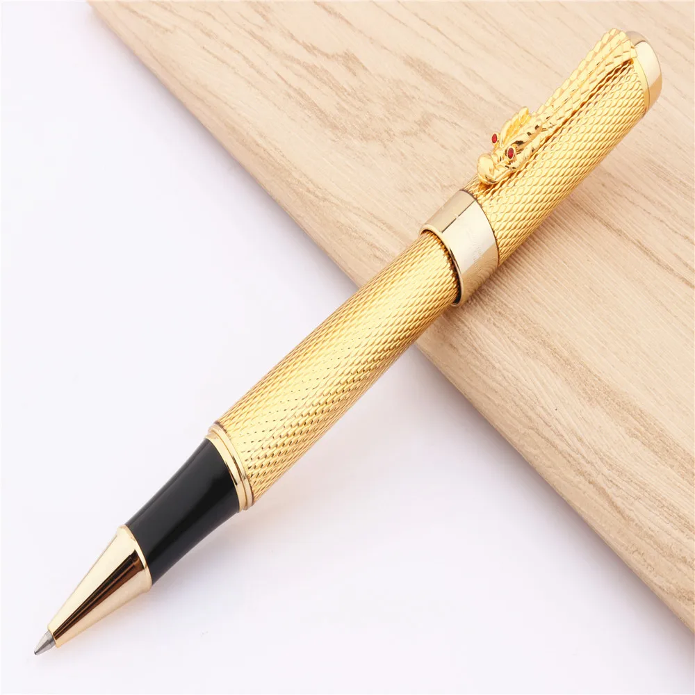 JINHAO Luxury Dragon Bright Gold Squares Line Barrel Rollerball Pen Medium Nib