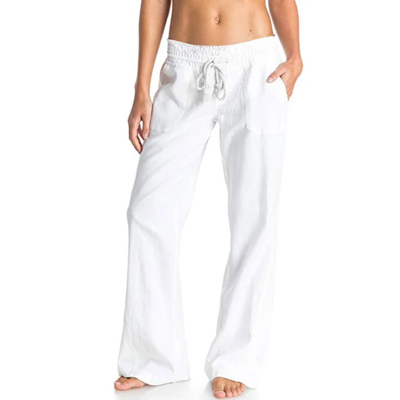 

Women Summer Loose Linen Pants Casual Fashion Elastic Low Waist Pocket Wide Leg Trousers Streetwear Y2K Clothes
