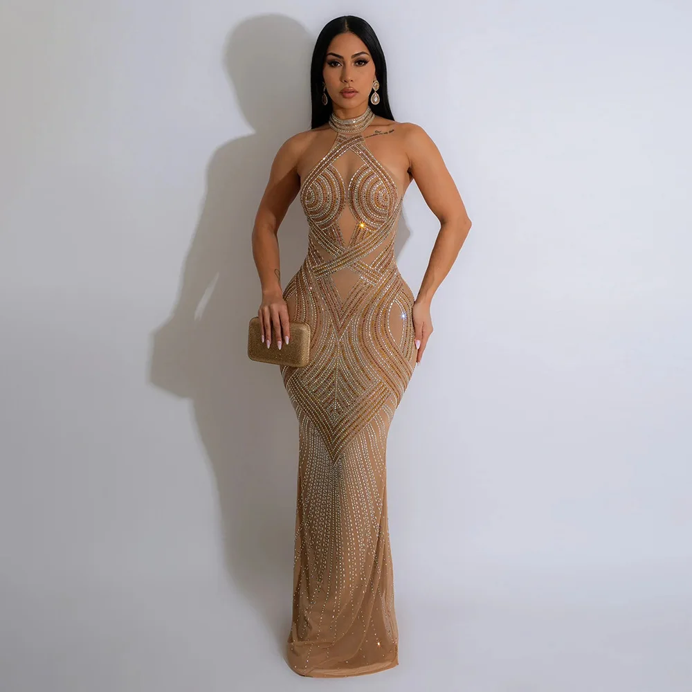 

Crystal Elegant And Pretty Women's Dresses Halter Diamonds Maxi Dress Evening Dress Sleeveless Female Clothes Vestidos