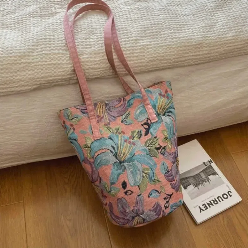 Women's Vintage Bucket Tote Bags Large Capacity Premium Commuter Shoulder Bag Floral Printed Handbag  with Small Zipper Pouch