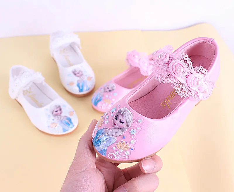 Disney New Kids Elsa Casual Shoes girls Frozen Princess Pink Soft Shoes Children's Cartoon pearl Leather Shoes Size 26-35 child shoes girl